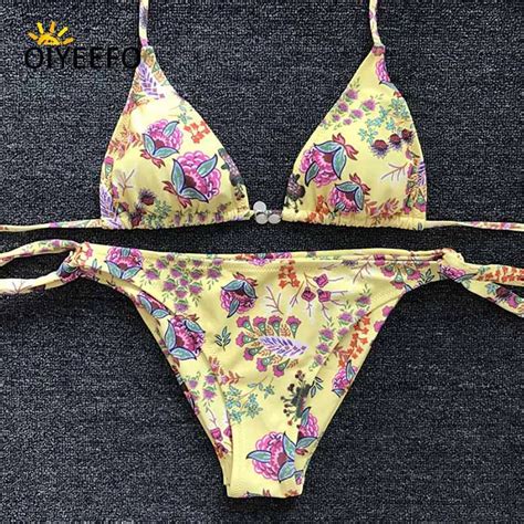 Oiyeefo Sexy Yellow Floral Halter Bikini Women Two Pieces Swimming Suit