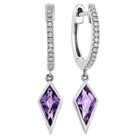 Kite Shaped Amethyst & Diamond Dangle Hoop Earrings in White Gold ...