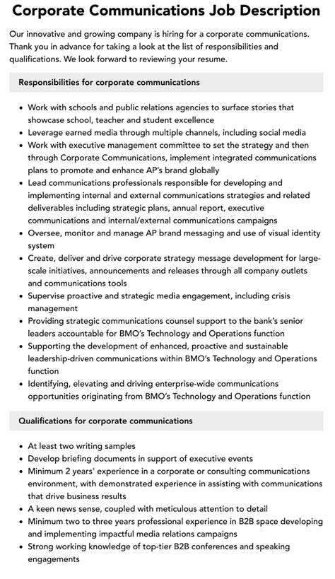 Corporate Communications Job Description Velvet Jobs