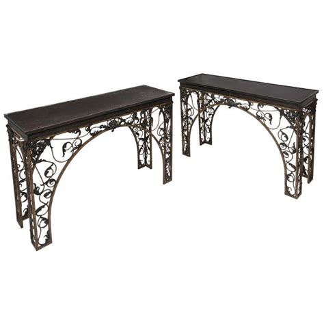 Pair English Wrought Iron Console Tables With Relief Embossed Bronze