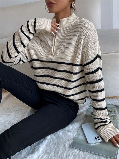 Shein Frenchy Striped Drop Shoulder Zipper Front Sweater Shein Usa