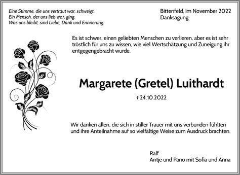 Traueranzeigen Von Margarete Luithardt ZVW Trauer