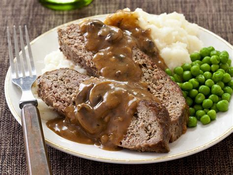 Meatloaf With Mushroom Sauce Mashed Potatoes And Peas Recipe Eat Smarter Usa