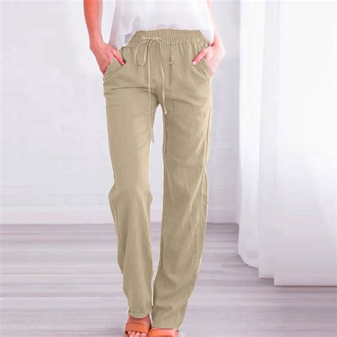 Ddapj Pyju Womens Casual Cotton Linen Pants Relax Fit Elastic Waist