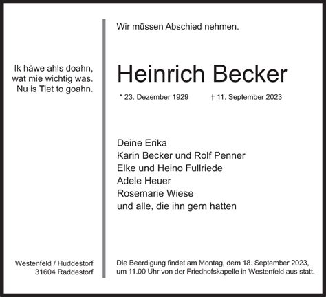 Traueranzeigen Von Heinrich Becker Trauer MT De