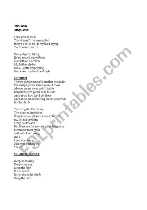 English Worksheets Miley Cyrus The Climb