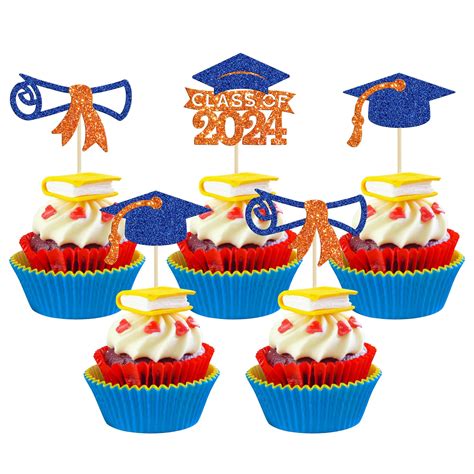 Gyufise 24Pcs Class Of 2024 Graduation Cupcake Toppers Glitter Diploma