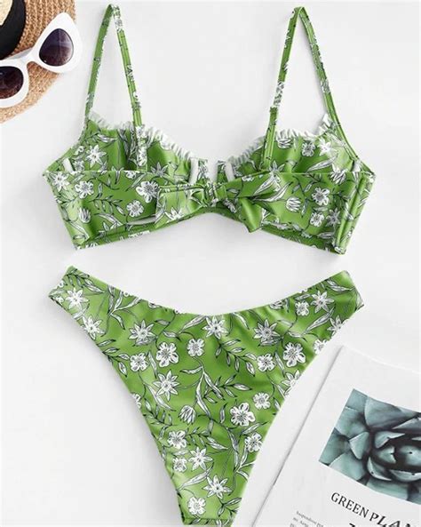 Emmiol Free Shipping 2023 Flower Print Split Triangle Bikini Green M In