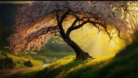 Beautiful Spring Landscape With Blooming Sakura Tree Generative Ai