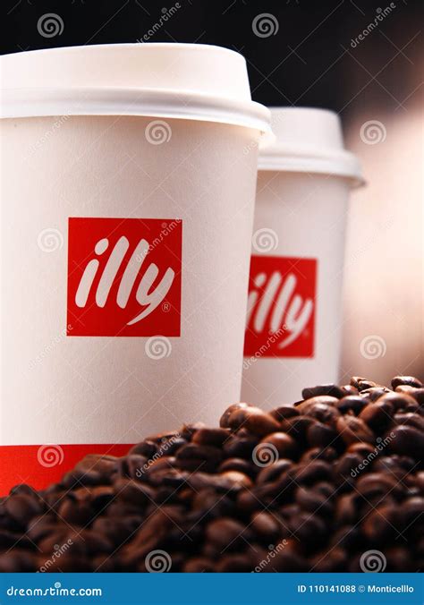 Composition With Paper Cups Of Illy Coffee And Beans Editorial Stock