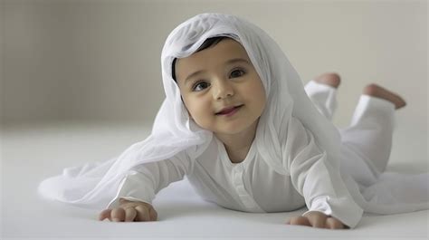 Premium Photo A Baby Wearing A White Robe Laying On The Floor