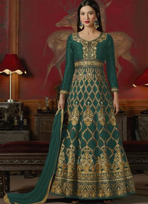 Dark Green Embroidered Silk Anarkali Semi Stitched Salwar With Dupatta