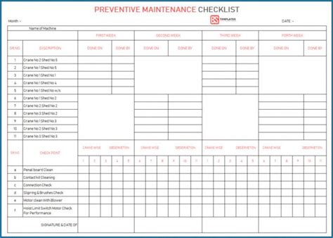 Sample √ Free Printable Preventative Maintenance Checklist Preventive