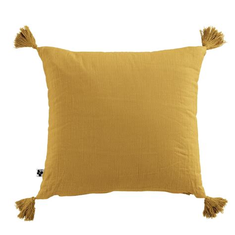 OUREA Coussin Déhoussable 40x40cm avec Pompons Gaze de Coton Safran