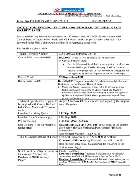 Fillable Online Tenders For Purchase Of Micr Security Grade Paper Fax