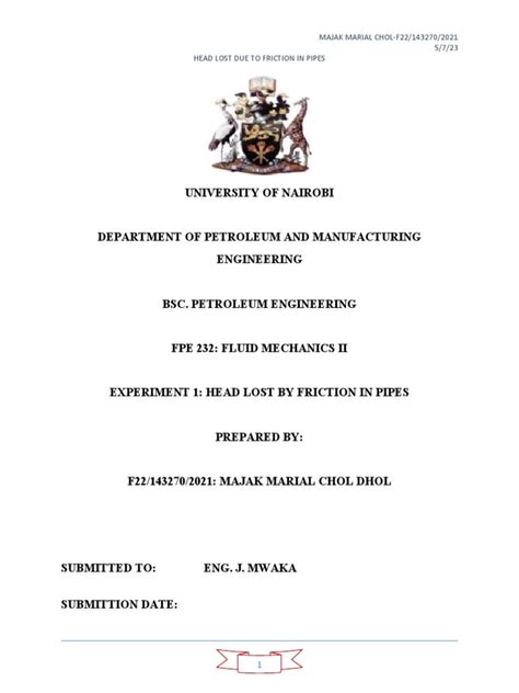 Head Loss Lab Report | PDF | Fluid Dynamics | Laminar Flow