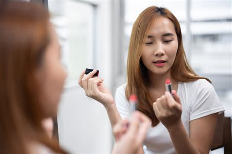 Asian Woman Looks Lovely Female Applying Lip Balm Moisturizing Caring