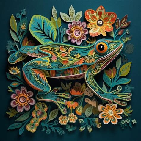 Premium Ai Image Brightly Colored Paper Cut Of A Frog Surrounded By