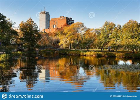 Boston Skyline at Autumn Showing Charles River Esplanade at Early Morning with Fall Foliage ...