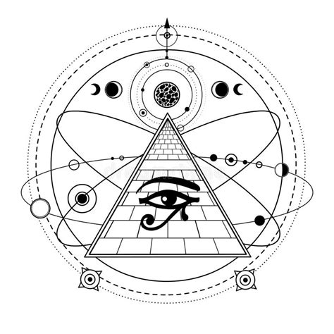 Animation Monochrome Drawing: Symbol of Egyptian Pyramid, Eye of Horus, Cosmic Symbols, Orbits ...