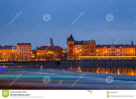 View of Night Old Town of Prague and with Reflection in Vltava River ...