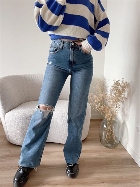 Xenia Ripped Wide Leg Jeans Mid Blue Hello My Love