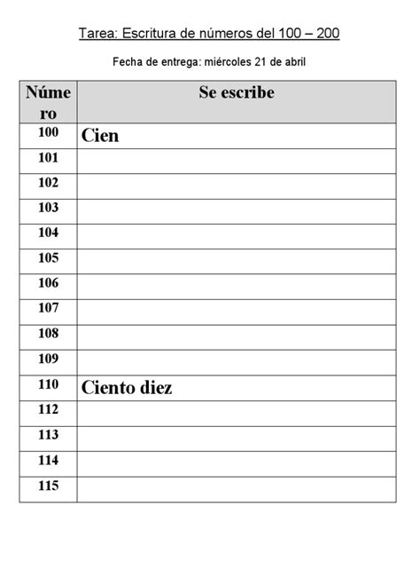 Tarea Escritura De Numeros 100 Al 200 Pdf