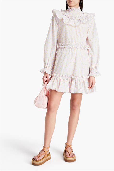 Ganni Ruffled Floral Print Cotton Mini Dress The Outnet