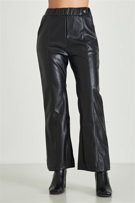 Wide Leg Leather Pants Black Womens Clothes Cento Fashion