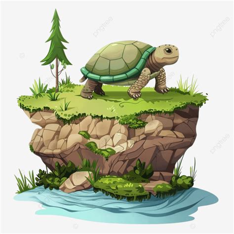 Cartoon Illustration A Turtle Walking In The Middle Of A Meadow On A