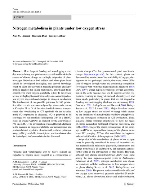 PDF Nitrogen Metabolism In Plants Under Low Oxygen Stress