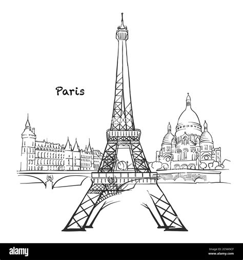 Famous buildings of Paris, France Composition. Hand-drawn black and ...