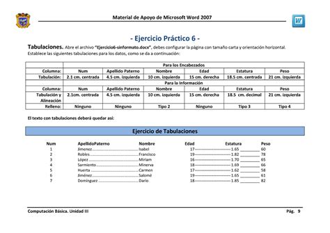 Ejercicio Tabulaciones Material De Apoyo De Microsoft Word