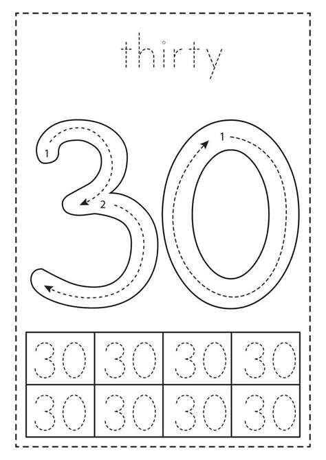 Tracing Number Thirty Preschool Worksheet Black And White