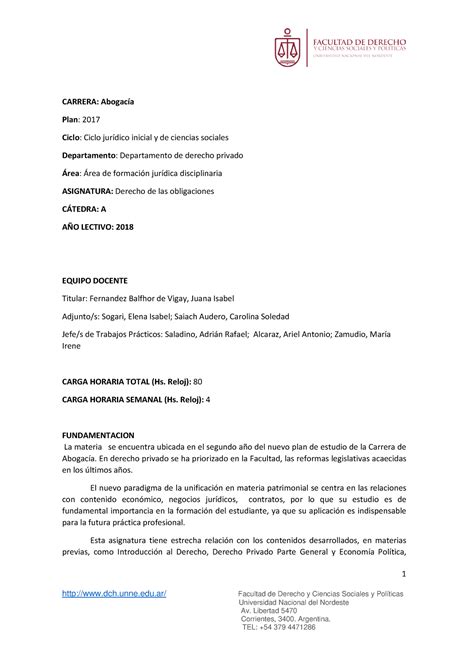 Programa Catedra A Obligaciones 1 Dch Unne Edu Facultad De Derecho Y