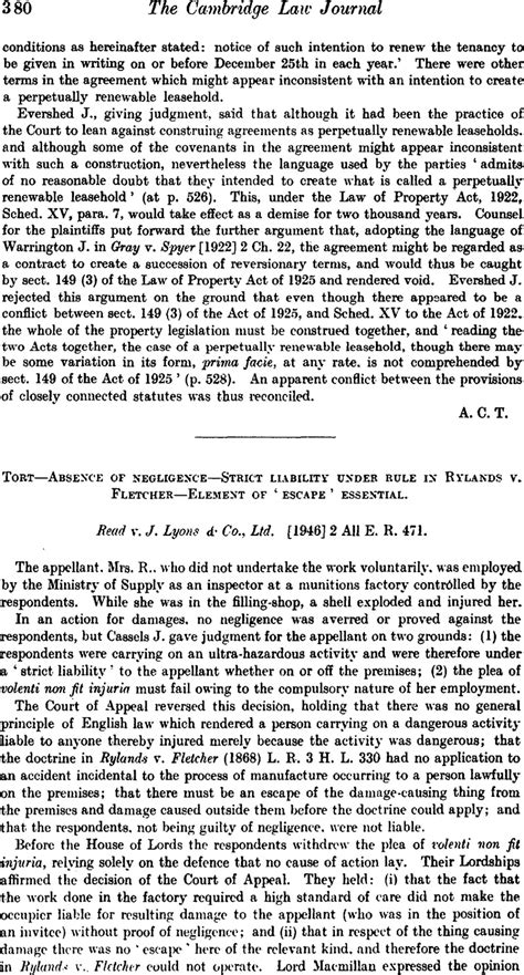 Tort—absence Of Negligence—strict Liability Under Rule In Rylands V