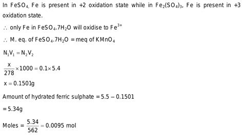 5 5g Of A Mixture Of Feso4 7h2o And Fe2 So4 3 9h2o Requires 5 4ml Of 0 1n Kmno4 Solution For