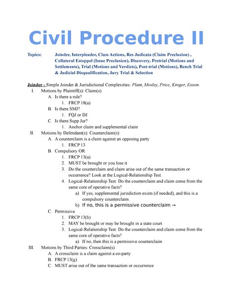 Valeries Civ Pro Ii Outline Civil Procedure Ii Topics Joinder