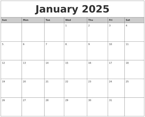 January 2025 Monthly Calendar Printable