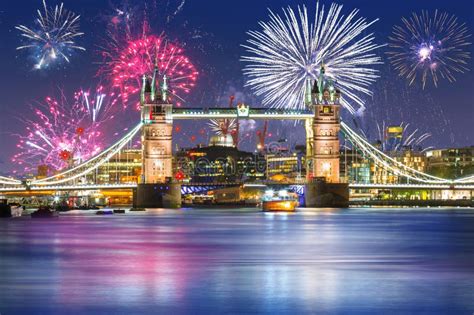 Fireworks Display Over the Tower Bridge in London, England Stock Photo ...