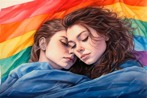 Premium Ai Image Two Girls In Love Embrace Wrapped Lgbt Flags Lesbian