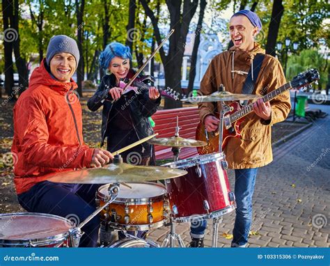 Festival Music Band. Friends Playing on Percussion Instruments City ...