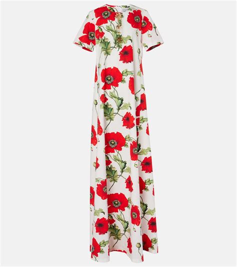 Embellished Floral Cotton Poplin Gown In Multicoloured Oscar De La