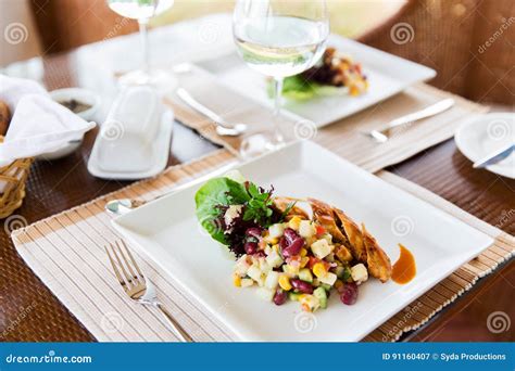 Close Up Of Food On Plate At Restaurant Stock Image Image Of Gourmet