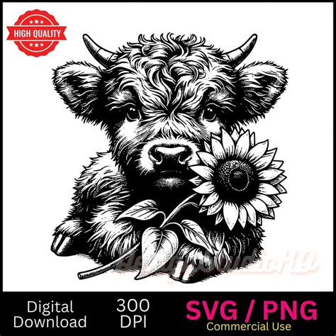 Baby Highland Cow With Sunflower Svg Png Highland Cow Cow Head Svg