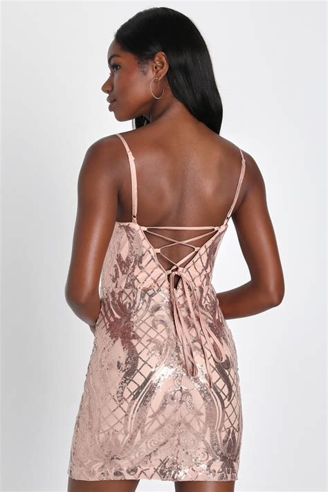 Sexy Rose Gold Sequin Dress Lace Up Dress Mini Bodycon Dress Lulus