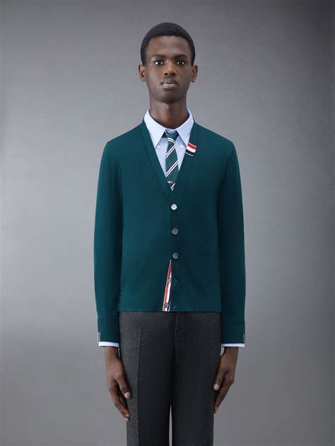 Fine Merino Stripe Relaxed V Neck Cardigan Thom Browne