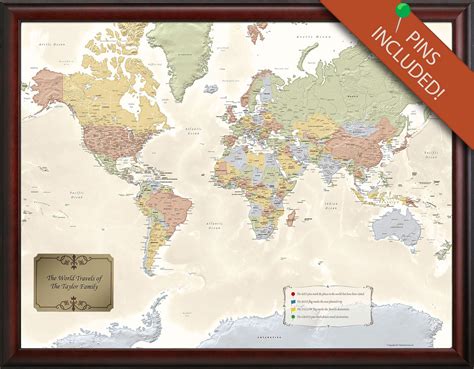 Personalized Framed World Travel Map With Pins Push Pin | Etsy
