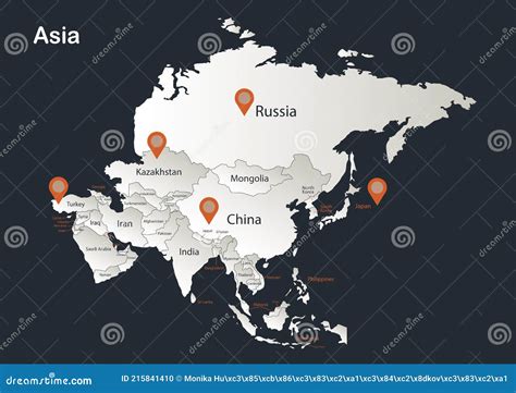 Asia Map Infographics Flat Design Colors Snow White With Names Of