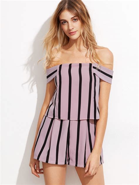 Vertical Striped Off The Shoulder Zip Back Romper Sheinsheinside